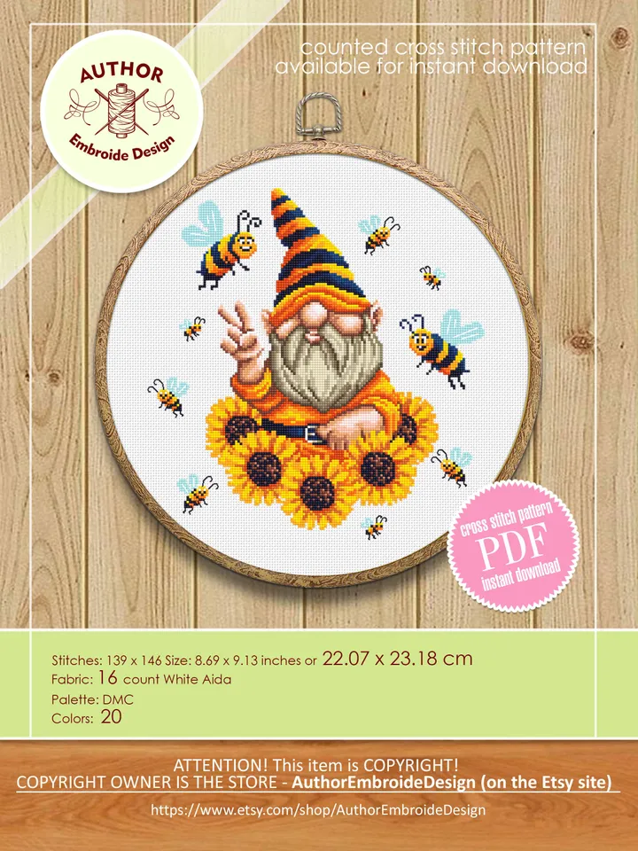 Sunflower gnome cross stitch pattern download PDF, Cute gnome pattern digital PDF, Bee gnome embroidery, Yellow sunflowers cross stitch #P34