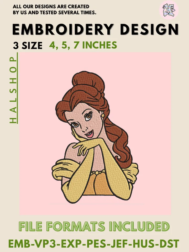 Belle Machine Embroidery Design – Beauty and the Beast Disney Princess Digital Embroidery File