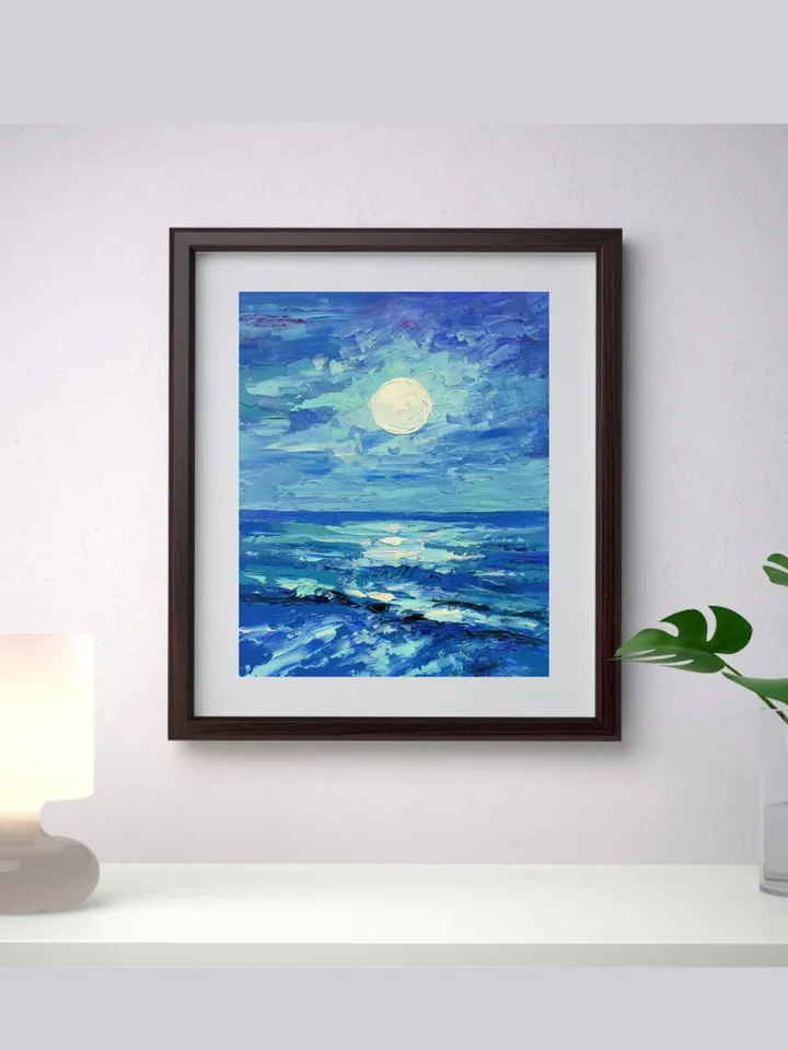 Moonlight night painting Seascape wall art original art Ocean oil painting Seaside artwork 8 by 10 inch by Juliya JC