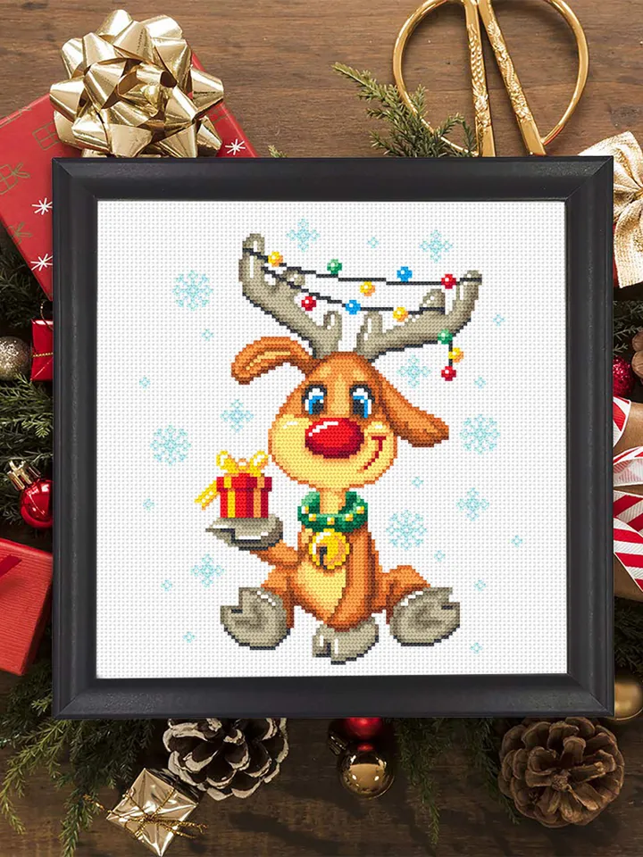 Cute Christmas deer cross stitch pattern download PDF Winter cross stitch chart, Funny Christmas pattern PDF, Easy embroidery beginner #N68