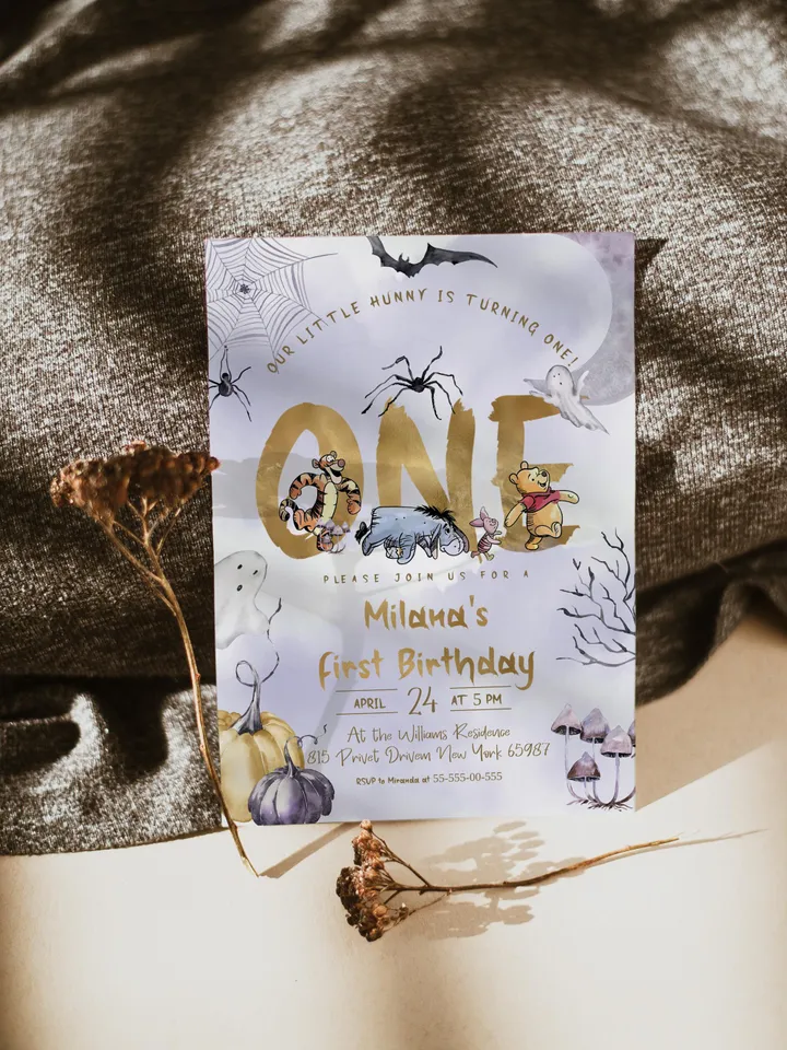 Winnie the Pooh Halloween Birthday invitation Classic Winnie Pooh; Neutral Winnie Pooh Turning one Winnie Pooh Birthday Party