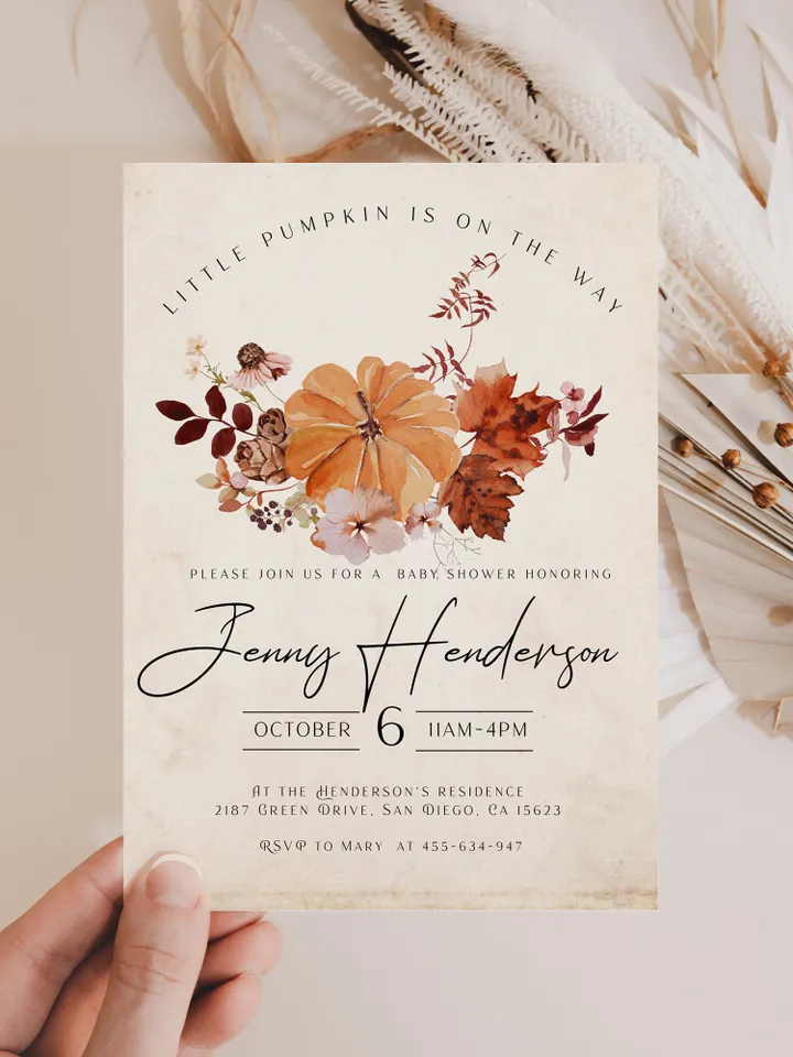 Rustic Autumn Baby Shower Invitation; Boho Flowers Baby shower; Little Pumpkin baby shower; editable template canva; Fall; Autumn; Pumpkin