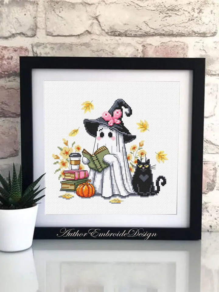 Cute ghost cross stitch pattern PDF download Ghost witch cross stitch chart, Halloween pattern digital PDF, Ghost reading, Black cat #H85