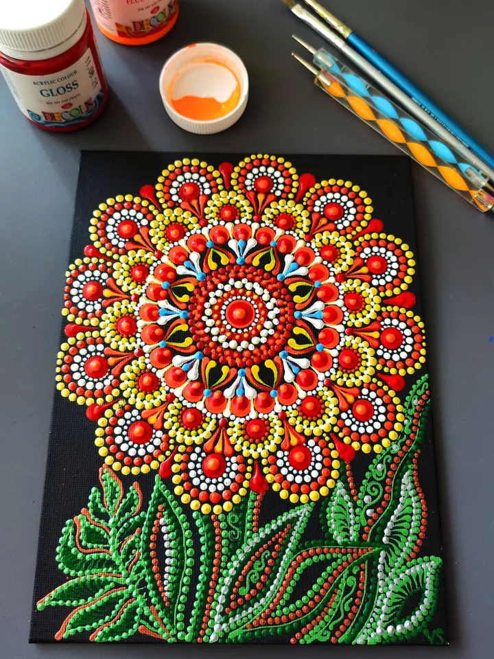 Daisy Dot Painting Original Art Dotted Small Canvas 15 by 20 cm / 6 by 8''