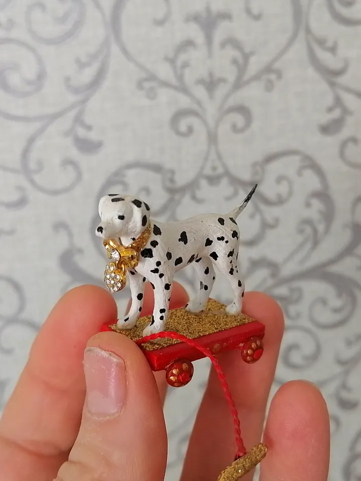 Dolmatian on a cart. Doll toy. dollhouse miniature.1:12 scale.