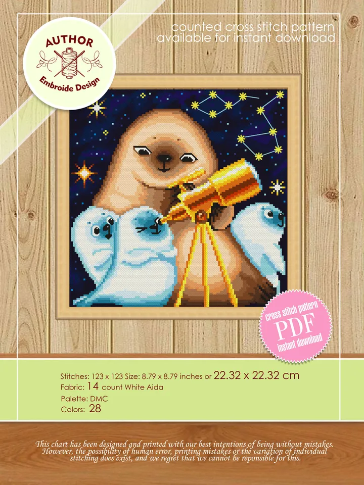 Cute animals cross stitch pattern download PDF Funny seals cross stitch chart, Space embroidery PDF Zodiac cross stitch Baby room decor #K12