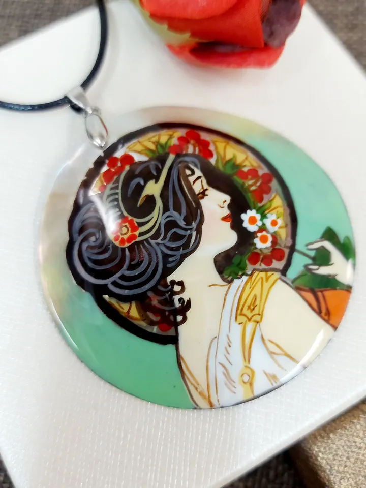 Pearl pendant Necklace: Primrose by Alphonse Mucha painted on mother-of-pearl pendant. Outstanding necklace for Aesthetic girl. Gift for her