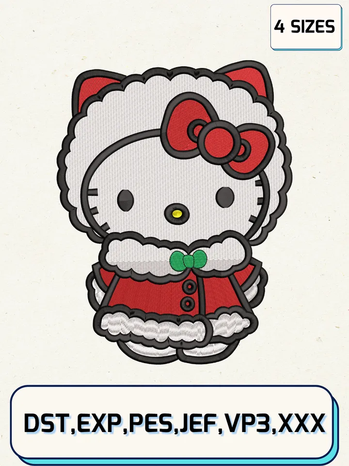 Christmas Hello Kitty Embroidery Design,Christmas Embroidery Designs,Machine Embroidery Files,Hello Kitty Embroidery Design,4 sizes