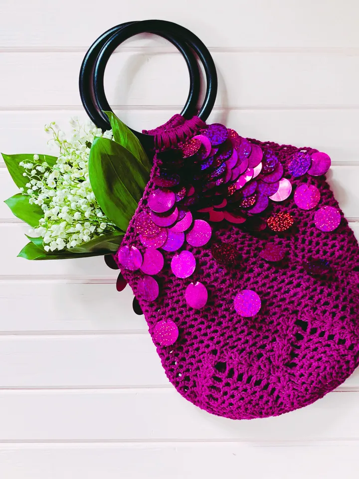 Purple farmer cotton bag with sequins, eco friendly bag, avoska net bag, market vegan bag, tote beach, macrame yoga tote, pound