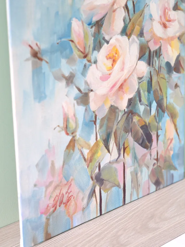 Roses oil painting / Pink flowers on blue art $95.00 | Buy online with ...
