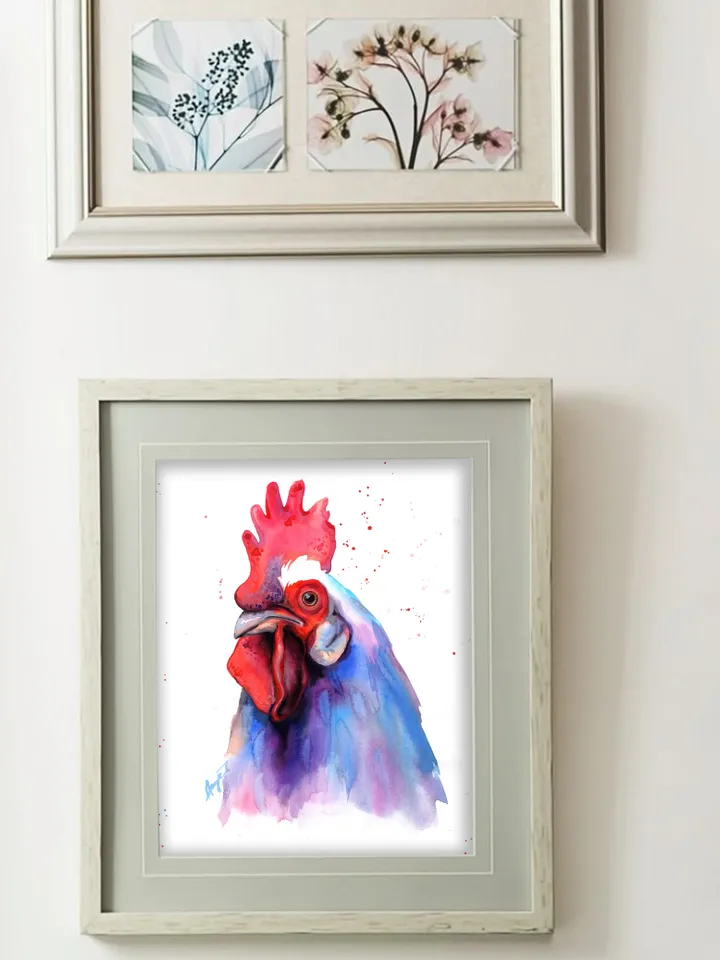 Rooster Original watercolor, farm bird painting, wall decor, 8x11 in handmade birds art by Anne Gorywine