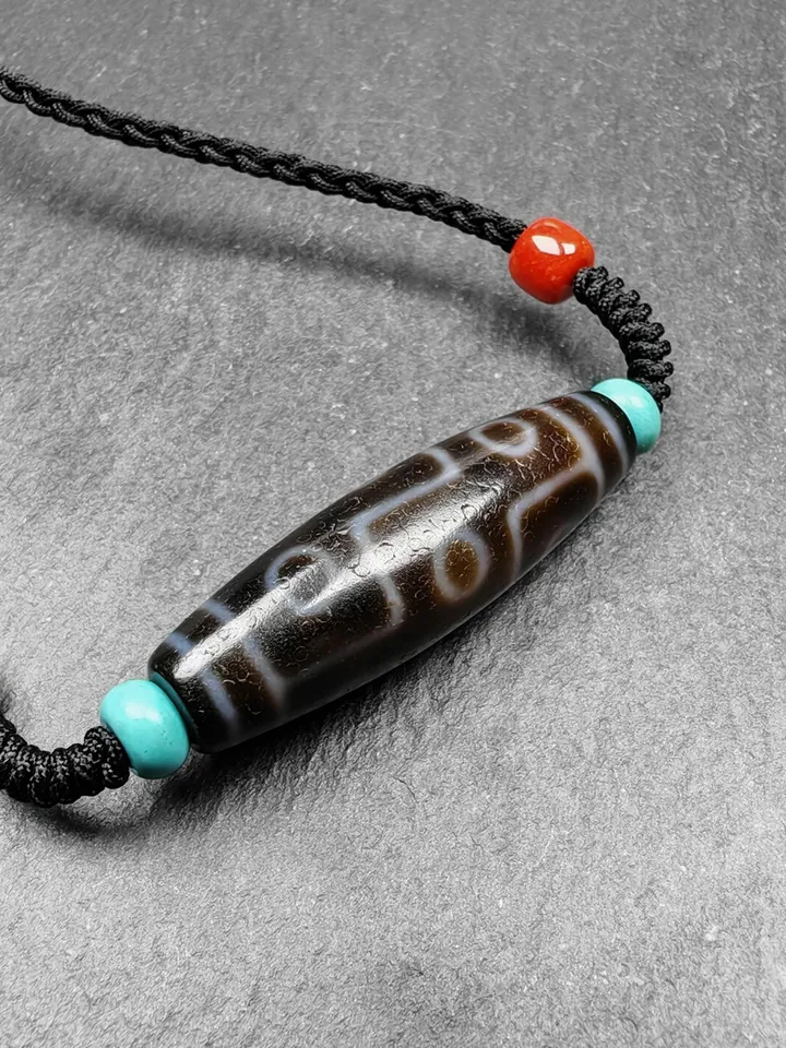 Gandhanra Vintage Tibetan 9 Eyes Dzi Bead Necklace,Protective Charm,Spiritual Gift,1.5&quot; x 0.4&quot;