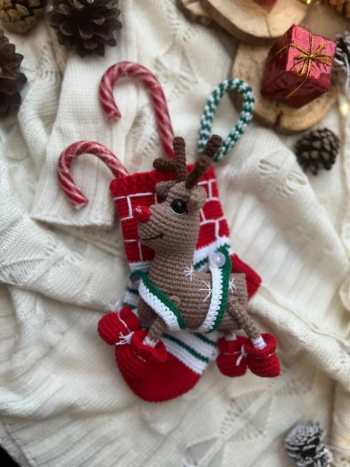 PDF Christmas Stocking, Christmas amigurumi pattern, Christmas ornament sock, Christmas decoration, Christmas crochet deer, Christmas animal