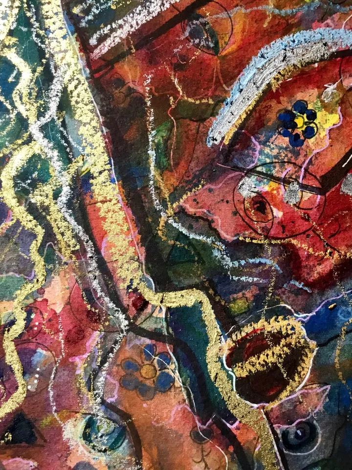 Original Abstract fantasy faces, watercolour mix media one of a kind painting on watercolour 400 g paper,home decoration or gift.