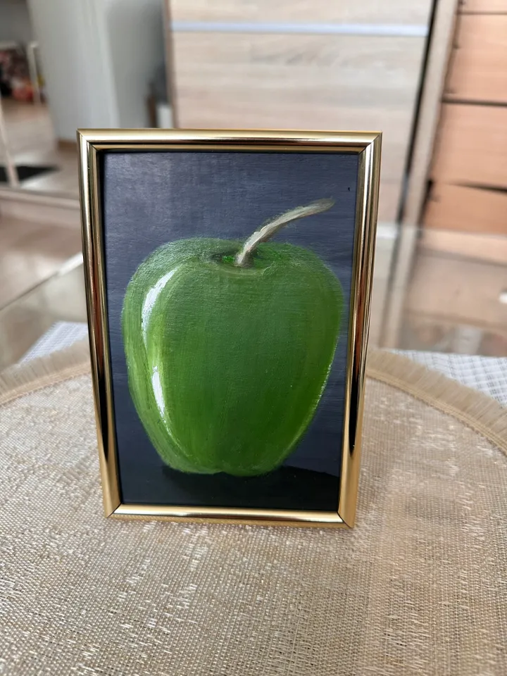 Oil Painting Green Apple Still Life Fruit Food Nature Cardboard 15x10 cm 6x4 inch Wall Decor In a gold frame