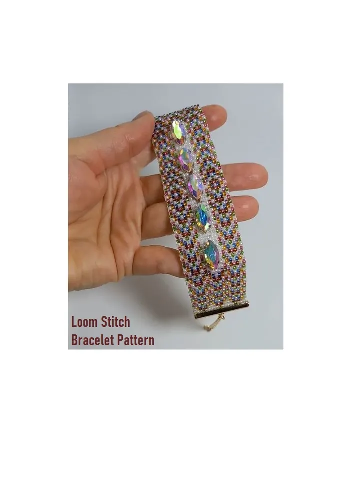 TUTORIAL Cuff Bracelet Loom Stitch, Bead Patterns Bracelet, Seed beads Preciosa and Rhinestones, Instant Download