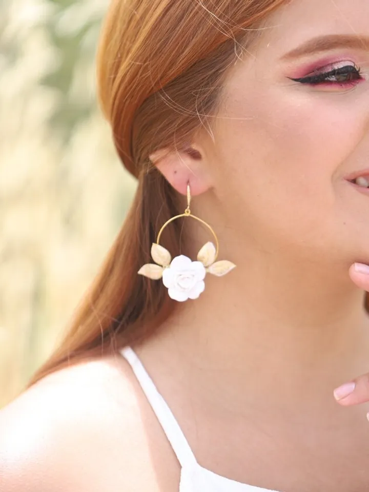 Hoop Porcelain Flower Boho Wedding Earrings, Floral Statement Rose Gold Bridal Earrings, Leaf Statement Wedding Jewelry, Boho Bridal Jewelry