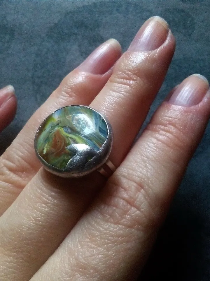 Glass fused ring, simple stained glass, tiffany ring, green ring, tin soldered ring