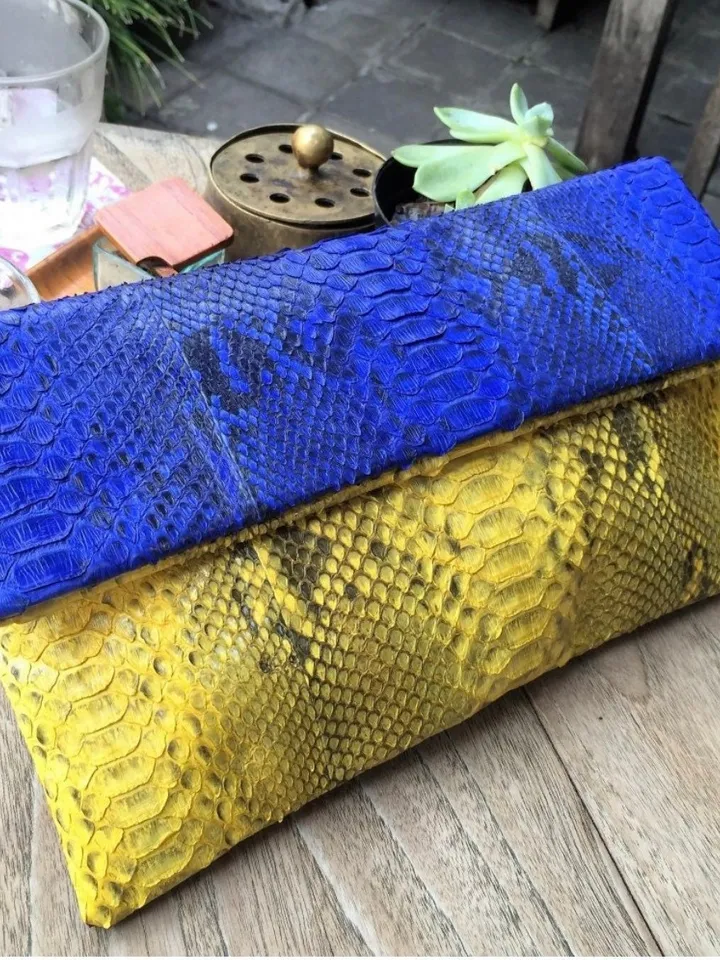 Genuine python skin blue and yellow colorblock handmade clutch, classy elegant leather envelope bag, purse free shipping, flat snake clutch