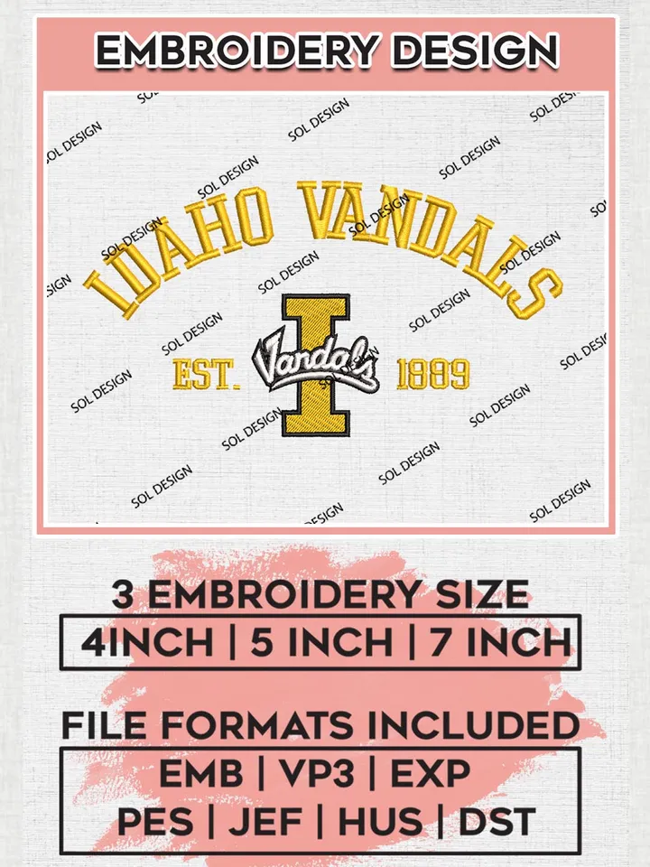 Idaho Vandals Est 1889 Logo Embroidery Designs, NCAA Idaho Vandals Team Embroidery, NCAA Team Logo, 3 sizes, Machine embroidery Files, Digital Download