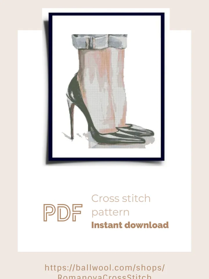 Watercolor Lady Shoes cross stitch PDF pattern, Fashion embroidery, Instant download