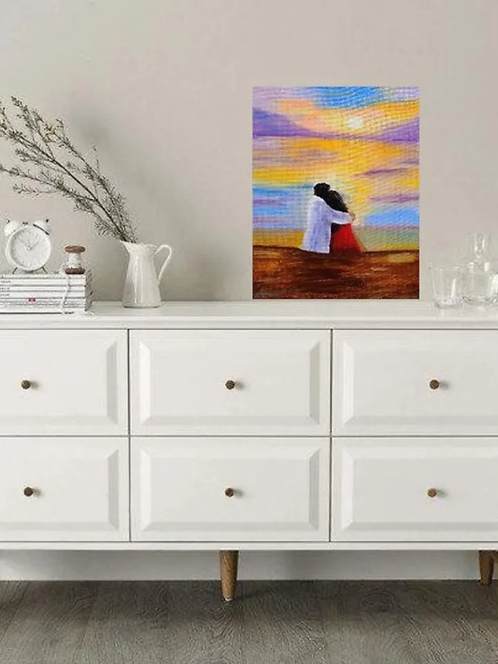 Painting with lovers on the seashore Sunset on the sea Romantic painting