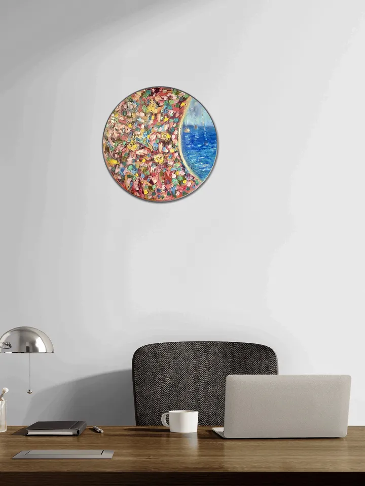 Fantasy mix media seascape and flowers painting,oil impasto painting,colourful wall art on round canvas,unique handmade gift home decor.
