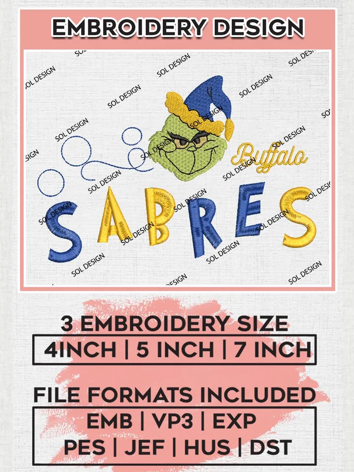 Grinch Buffalo Sabres Embroidery Designs, Grinch Christmas Embroidery Files, NHL Sabres Machine Embroidery Designs, NHL Buffalo Sabres Logo, NHL Christmas Machine Embroidery Design, Digital Download