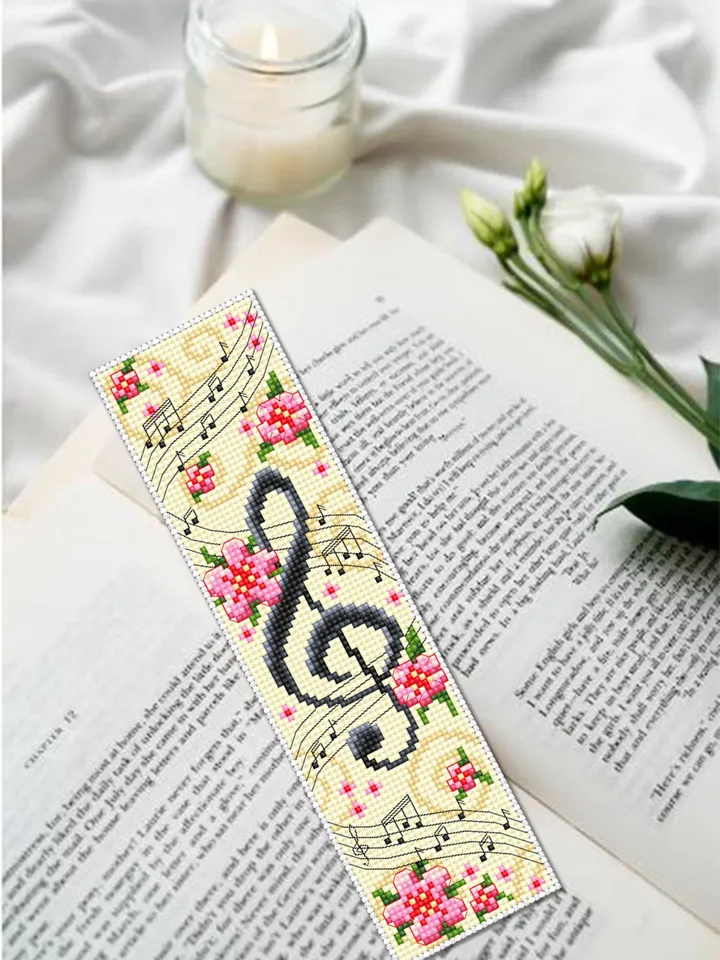 Music bookmark set cross stitch pattern PDF download Treble clef cross stitch chart, Flower bookmark pattern digital, Music lover gift #B412