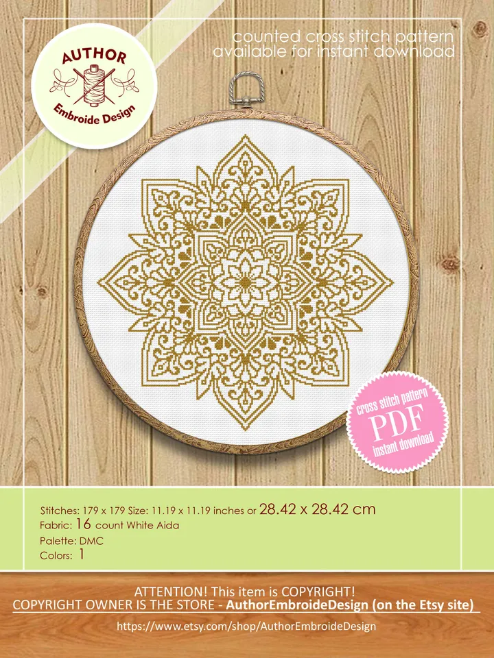 Flower mandala cross stitch pattern download PDF Easy mandala digital PDF Monochrome cross stitch Modern beginner stitch Home decor #M178