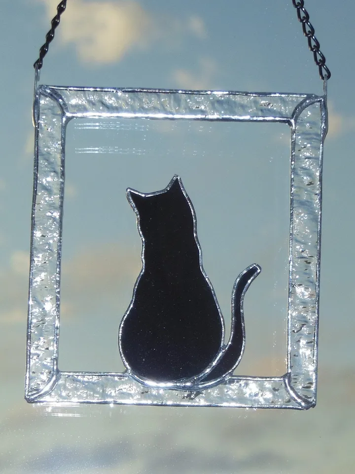 Black Cat in Frame Stained glass window hanging Suncatcher . Gift for animal lover, pet loss memorial .