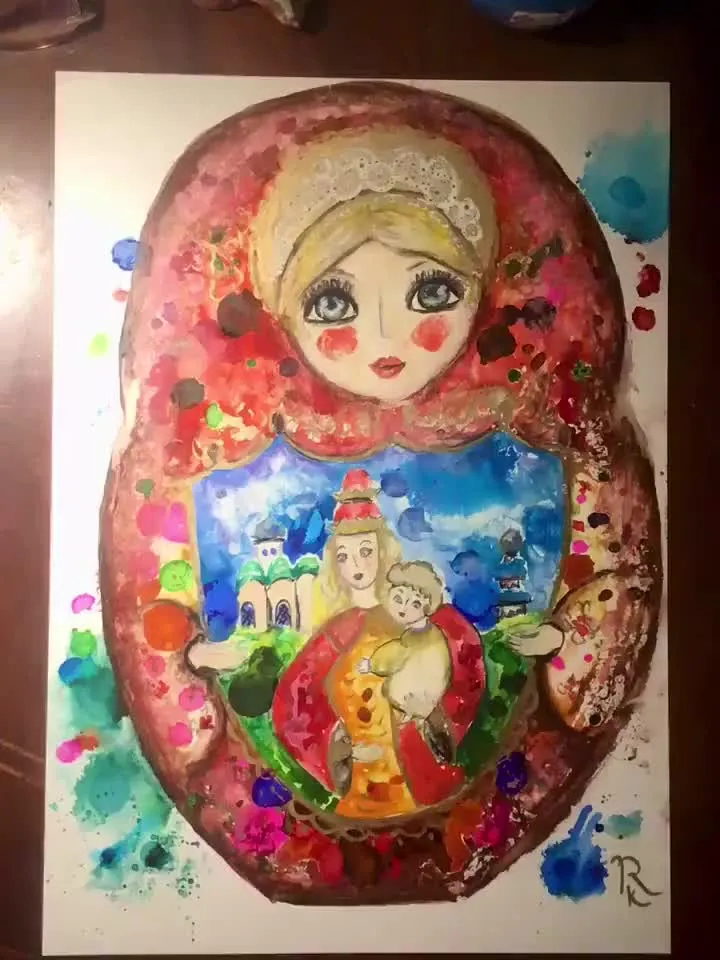 Matryoshka doll original mix media painting on yupo paper,watercolours and alcohol inks painting,unique artwork russian doll painting,gift