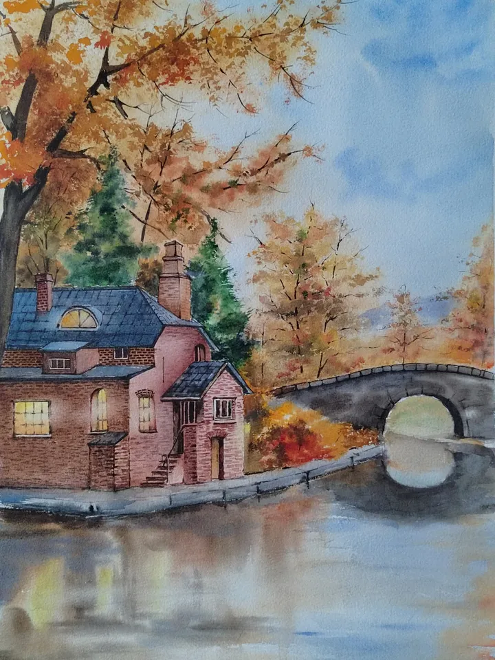Autumn Country Landscape Art Original Watercolor Painting 11.81x15.74 in by Art Café