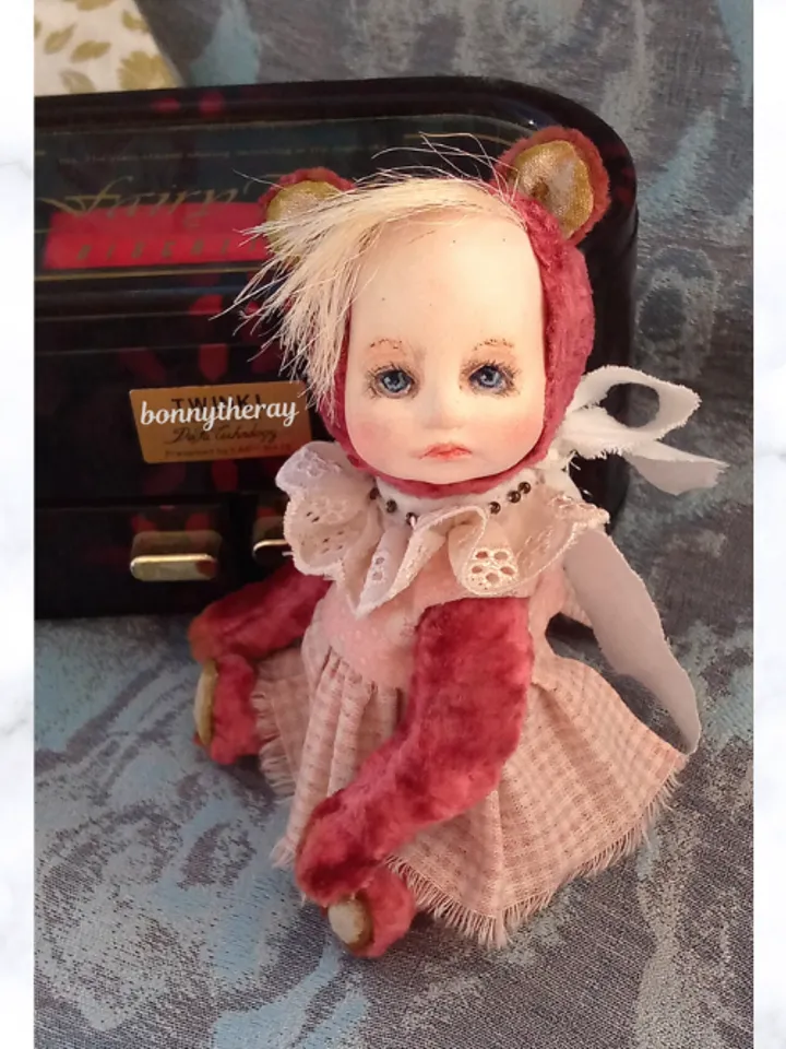 Little designer doll height 5.5 inches sitting, handmade in teddy doll style.