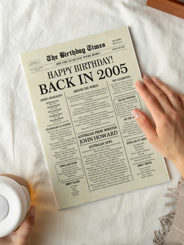 2005 AUSTRALIA, 20th birthday newspaper print Australian, 2005 birthday poster INSTANT DOWNLOAD, 20 years ago back in 2005 print for Aussie