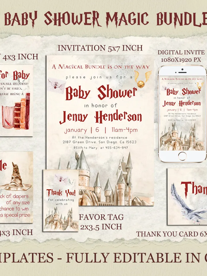 Wizard Baby Shower Invitation; Magic School Baby Schower kit template; A Magical Bundle on the Way; Magic School Invite Pack editable canva