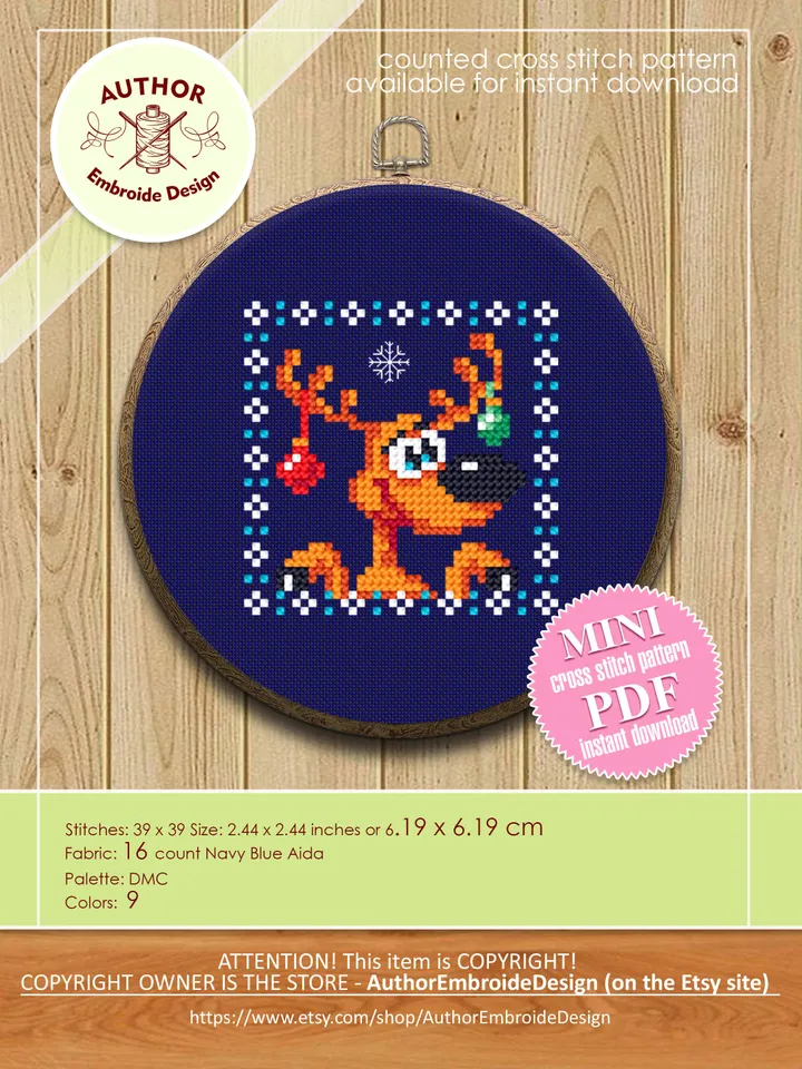 Tiny Christmas cross stitch pattern download PDF Cute christmas reindeer cross stitch chart Christmas deer embroidery PDF DIY Home decor #N4