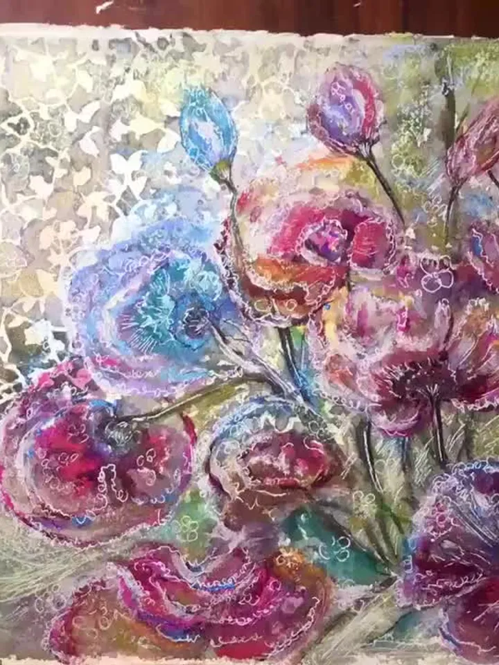 Fantasy abstract flowers,original mix media artwork,watercolor and acrylic painting on watercolor paper,modern floral decoration wall art.