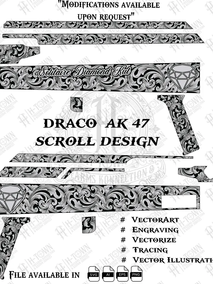 Draco AK47 Scroll Engraving Design: Laser Ready Vector (Digital Download