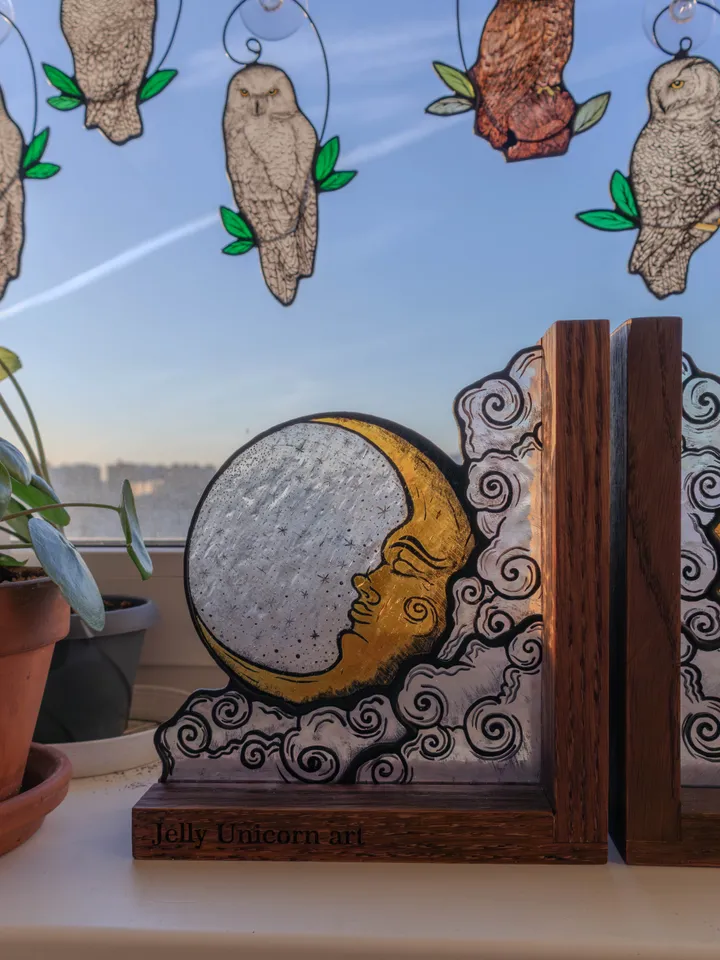 Stained glass bookends with moon and sun, Celestial home decor, Moon Tarot Art