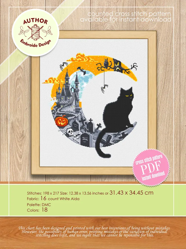 Halloween cat cross stitch pattern PDF download Haunted house cross stitch chart, Halloween pattern digital PDF, Spooky cross stitch #S52