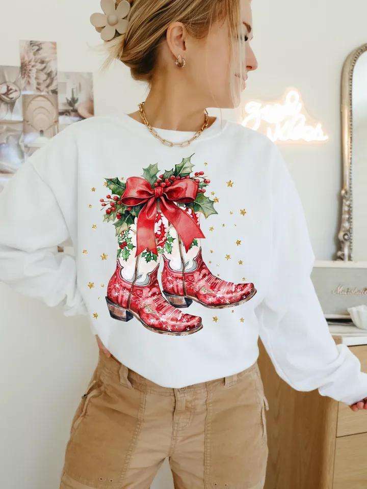 Howdy Christmas PNG Bundle Coquette Bow Western Cowgirl Cowboy Christmas Tree Cookies Presents Girly Trendy Shirt Designs Sublimation