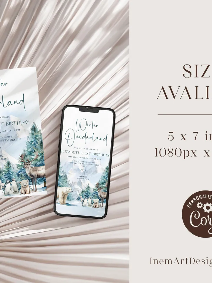 Winter Onederland 1st Birthday Invitation, Snow Woodland 1st Birthday Invite, Winter Onederland, Printable 1st Birthday Invitation - I132