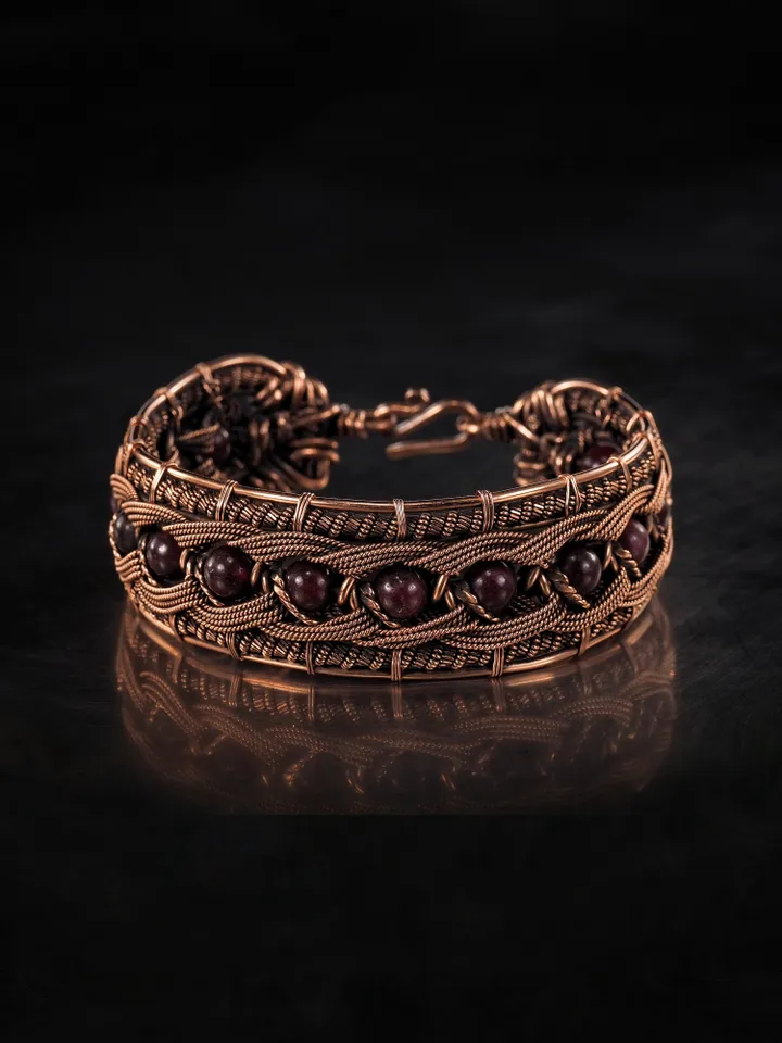 Copper wire wrapped garnet bracelet Unique bangle 7th Wedding Anniversary