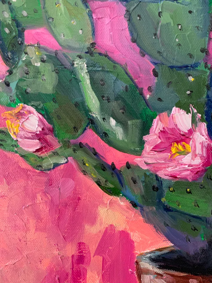 Cactus Painting with Pink Flowers – Original Oil Art on Canvas 16x24 inches