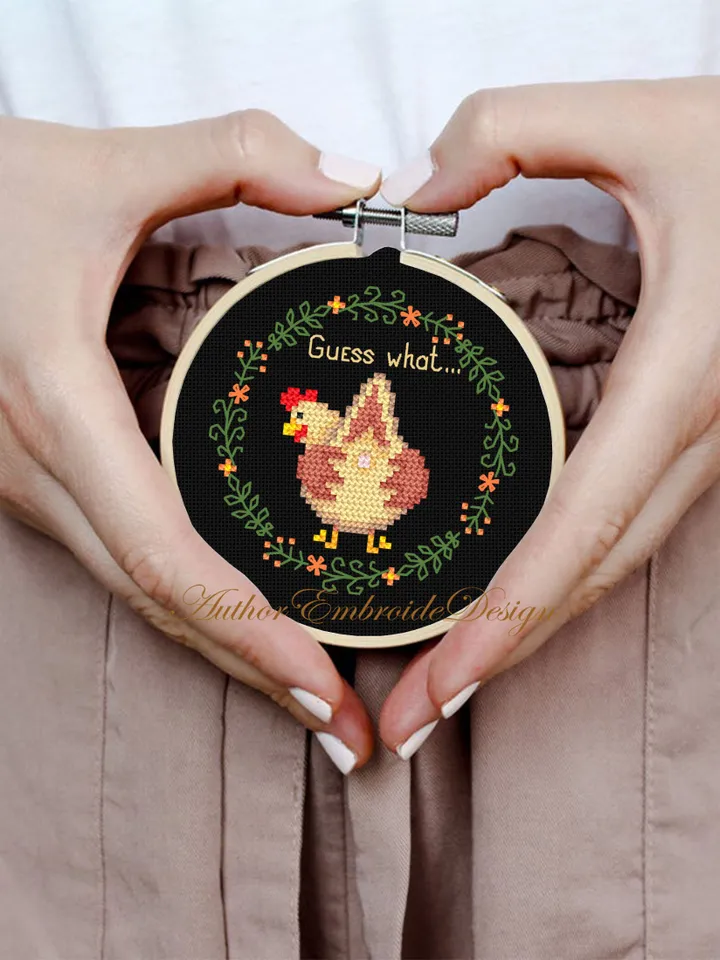 Funny chicken cross stitch pattern PDF download Guess what chicken butt cross stitch chart, Small hoop art, Simple chicken embroidery #K29