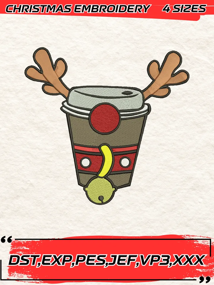 Christmas Cup Reindeer Embroidery Design,Christmas Embroidery Design,4 Sizes, Digital Download