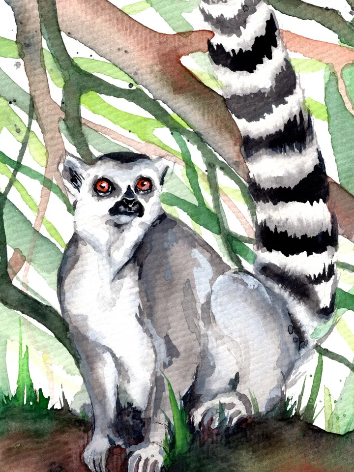 The feline lemur Original watercolor, animal painting, wall decor, animals lover gift, 8x11 in handmade art by Anne Gorywine