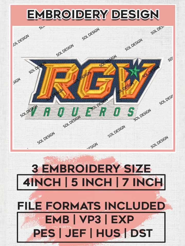 NCAA RGV Vaqueros Team Logo Embroidery Design Files, NCAA UT Rio Grande Valley Vaqueros Machine Embroidery, NCAA Teams, Game Day, 3 sizes, NCAA Machine embroidery designs, Digital Download