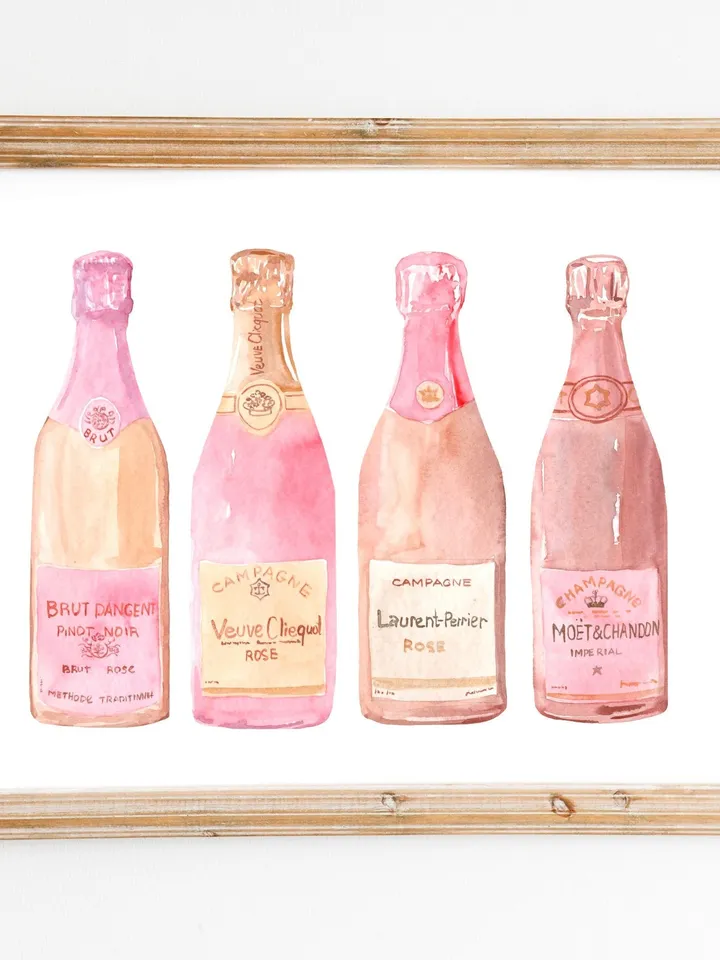 Bar Cart, Pink Champagne Bottle Watercolor Painting Print, Art Bar Cart Print, Pink Champagne Print, Drink Wall Art, Champagne Lover Gift